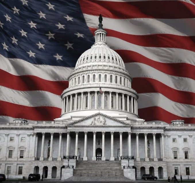 The image shows the U.S. Capitol building superimposed against a waving American flag, symbolizing the intersection of American government and policy. It ties into the post about the White House's pivotal Wednesday meeting on cryptocurrency, featuring Trump and top regulators alongside industry leaders from Coinbase, Ripple ($XRP), and Kalshi.
