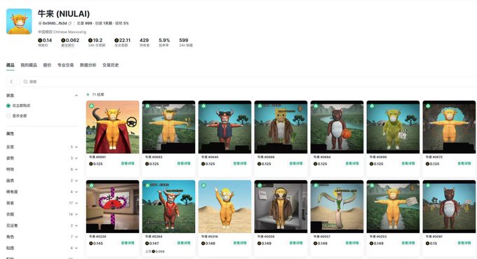 An NFT marketplace page for 'Niulai' (牛来) Chinese Maxxing, displaying various character NFTs with their price tags.