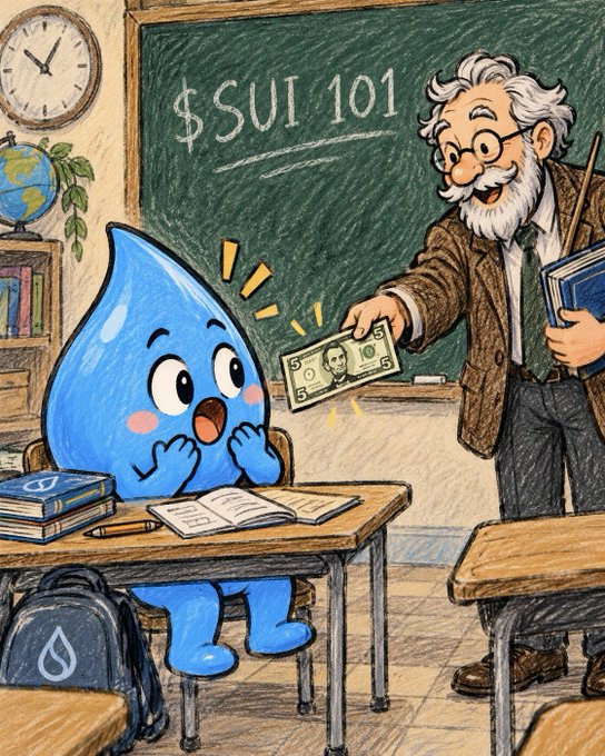 Cartoon illustration depicting a 'SUI 101' classroom scene where a white-bearded professor hands a $5 bill to a surprised blue water drop mascot (the SUI cryptocurrency logo).