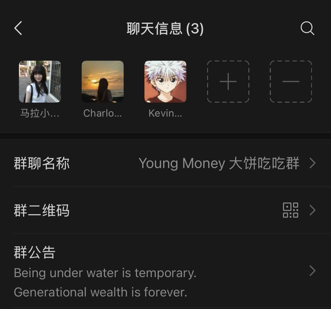 A screenshot of a WeChat group chat info page titled "Young Money 大饼吃吃群" (Young Money Big Coin Munching Group) with 3 members visible, featuring a group announcement that reads "Being under water is temporary. Generational wealth is forever."—this serves as a recruitment hub for the "Young Money Club" mentioned in the post, inviting Bitcoin and HYPE believers to join before missing out on the next bull run.