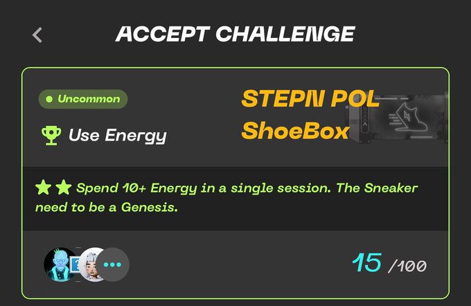 A mobile game interface displays an "ACCEPT CHALLENGE" screen for an Uncommon "Use Energy" STEPN POL ShoeBox quest, requiring players to "Spend 10+ Energy in a single session" using a Genesis Sneaker, with a progress counter showing 15/100 completions. The image directly illustrates the described quest objectives, which are part of the broader STEPN Capsule challenge system.