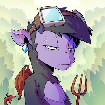 A digital artwork of a purple-skinned humanoid character with horns, pointed ears, and a blue gem on their forehead, wearing goggles on their head and holding a red trident.