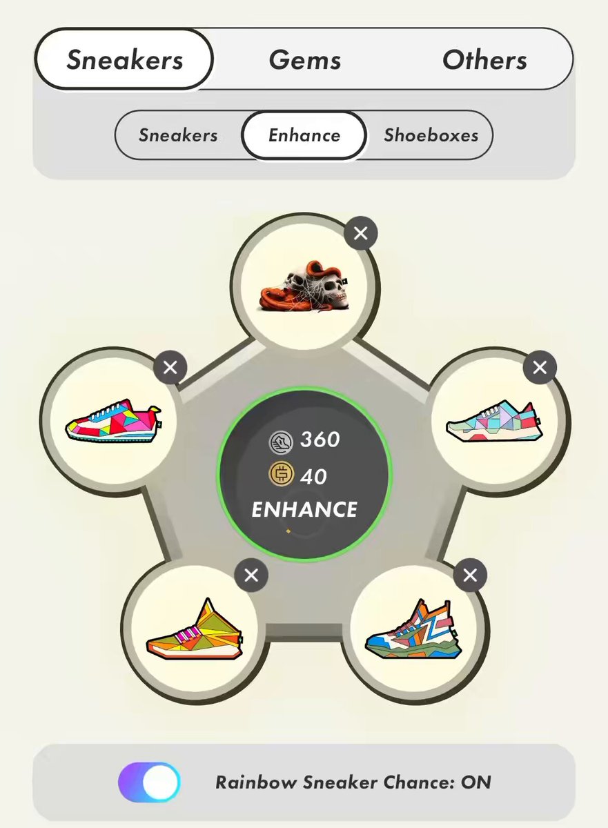 The image shows a shoe store's app with an interactive display of six different shoes arranged around a circle, each with a number on them. The app has a "Rainbow Sneaker Chance" feature that allows users to choose one or more shoes from the options displayed and potentially win a prize if they select the correct ones.