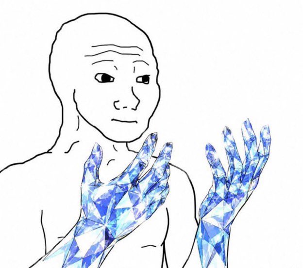 A simple line drawing of a bald figure with a serious expression, whose hands are rendered in an elaborate blue crystal or diamond-like style.