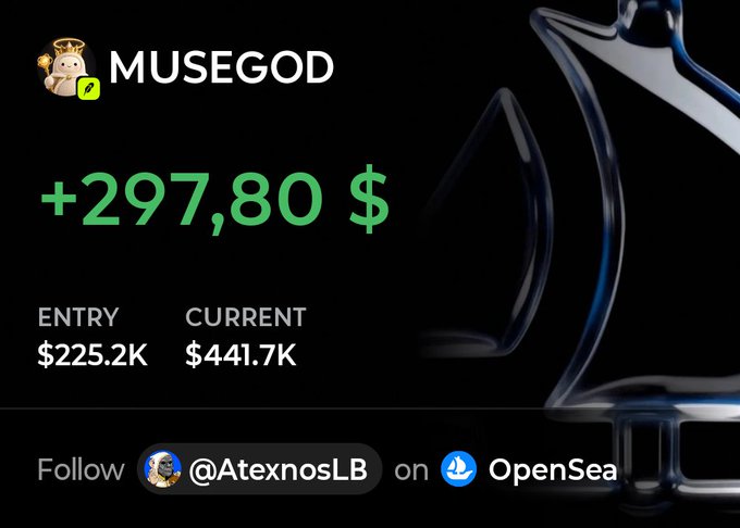 A digital collectible listing for 'MUSEGOD' showing a value of +297.80$, an entry price of $225.2K, and a current value of $441.7K, with a prompt to follow @AtexnosLB on OpenSea.