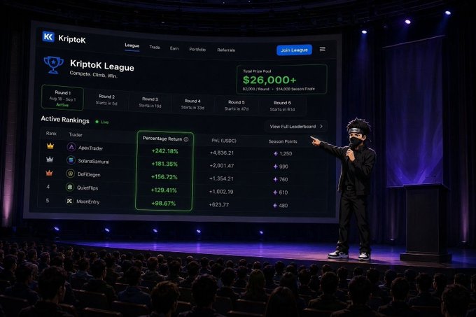Stage presentation of a trading competition called 'Kriptok League' with a leaderboard showing top traders like ApexTrader and SolanaSamurai, and a presenter on stage.