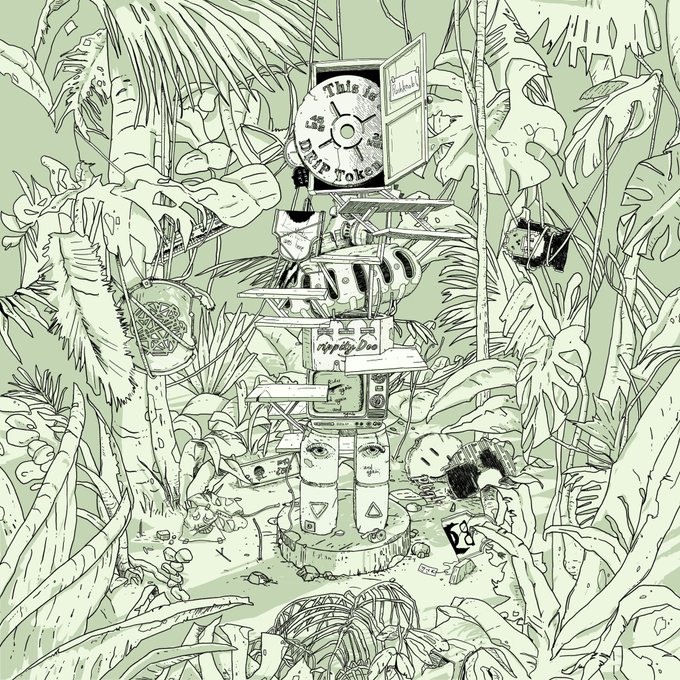 A whimsical black-and-white illustration shows a toy robot or mech-like figure assembled from stacked everyday objects (including a CD labeled "This is a Hippo Token"), standing atop a circular pedestal surrounded by lush jungle foliage and overgrown plants. The intricate line-art totem, with its mismatched components like discs, plates, and mechanical parts, visually embodies the playful "Totem #2" concept, appearing as a quirky guardian hidden within the dense tropical greenery.