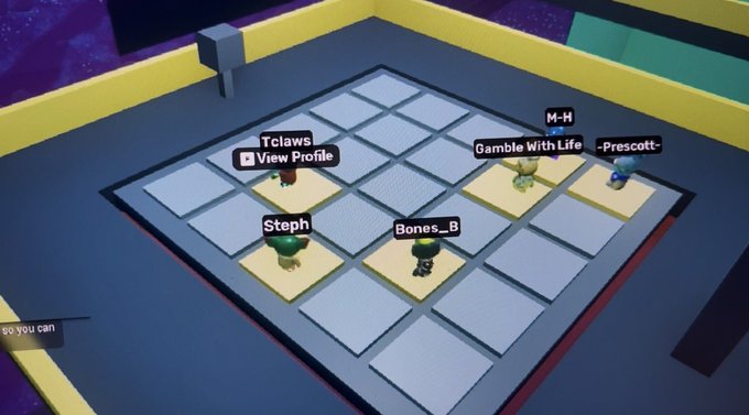 A video game scene showing player avatars on a grid platform with names labeled above them: 'Tclaws', 'M-H', '-Prescott-', 'Steph', 'Bones_B', and 'Gamble With Life'.