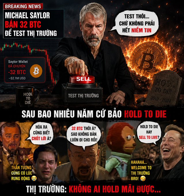 The image features a man sitting at a desk with a computer, holding a button that says "Sau bao nhấn nút Sell để test phản ứng thì $btc từ 73k dump nhẹ xuống vùng 70k có thiệt ta มียงสมาล". The post is titled "Test. Thiên hân giả phóng không phải test mà làm thiệt ta มียงสมาล" and it contains a list of names, including "Sau bao nhấn nút Sell để test phản ứng thì $btc từ 73k dump nhẹ xuống vùng 70k có thiệt ta มียงสมาล". The post is also accompanied by a cartoon of the man holding the button.