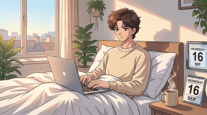An anime-style illustration of a young man sitting in bed using a silver laptop, with a coffee mug, plants, and a calendar displaying 'WEDNESDAY 16 SEP' beside him.