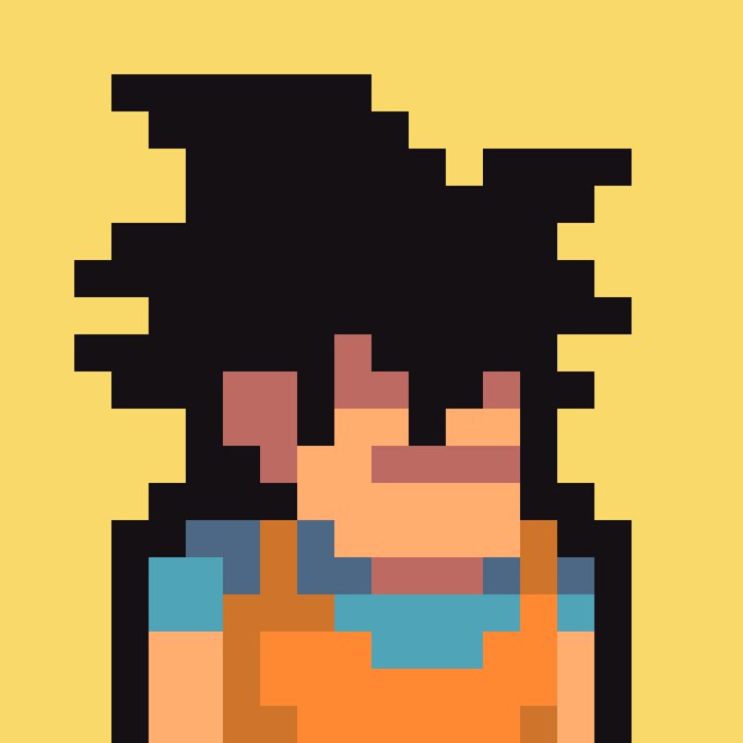 A pixel art portrait of a dark-haired character wearing a blue shirt and orange overalls against a yellow background, rendered in a retro 8-bit video game style.