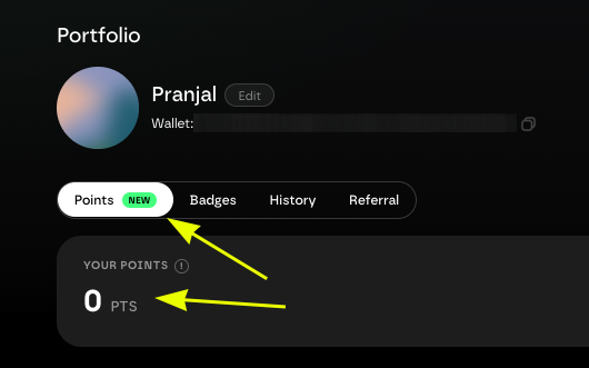 A screenshot of a "Portfolio" page on the Axis platform shows a user named "Pranjal" with a wallet field, where the "Points" tab is selected (marked NEW), revealing "YOUR POINTS" at 0 PTS, illustrating the newly launched points system highlighted in the post.