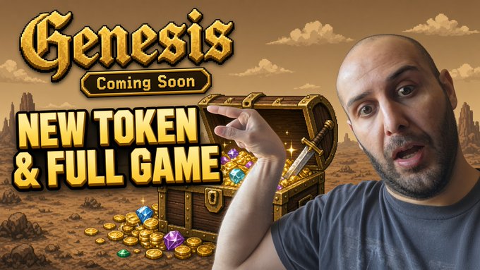 A man with a surprised expression gestures toward a graphic of a treasure chest with the text 'Genesis Coming Soon' and 'NEW TOKEN & FULL GAME' on a desert-themed background.