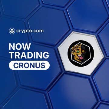 Crypto.com promotional image announcing 'NOW TRADING CRONUS' with a lion mascot logo on a blue hexagonal background.