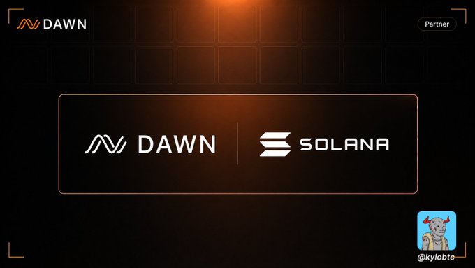 A dark promotional graphic with 'DAWN' and 'SOLANA' logos side by side, labeled 'Partner' with @kylobtc branding in the corner.