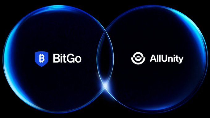 Two glowing blue orbs intersect to form an infinity-like shape, displaying the logos and names of crypto companies 'BitGo' and 'AllUnity'.