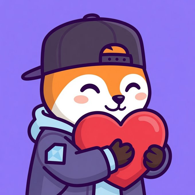 A cartoon Shiba Inu dog wearing a black backwards cap and hoodie, hugging a large red heart against a purple background.