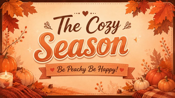 A festive autumn-themed graphic reads "The Cozy Season" in large script with the subtitle "Be Peachy Be Happy!" on a banner, decorated with pumpkins, fall leaves, and a lit candle.
