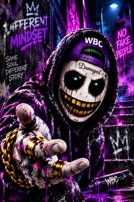 A stylized, gritty digital artwork depicts a skeletal figure in a hoodie wearing a purple cap and large gold chains, with text including "DIFFERENT MINDSET," "SAME SOUL DIFFERENT STORY," "NO FAKE PEOPLE," and "WBC" on the hat and a nearby bottle.