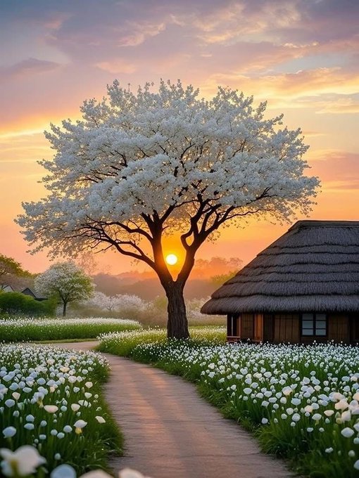 A serene digital painting of a white-blossomed tree at sunset next to a thatched-roof cottage, with a path winding through a field of white flowers.