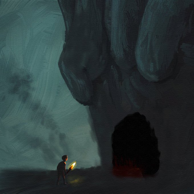 A small figure holding a glowing lantern stands before a massive, shadowy face with a dark opening, rendered in moody teal and black tones.