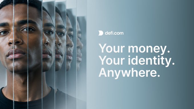 A defi.com advertisement features a man's face shown in multiple translucent slices alongside the tagline 'Your money. Your identity. Anywhere.'