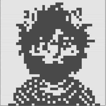 Pixel art portrait of a smiling boy with dark hair on a white background, rendered in black and white blocky pixels.