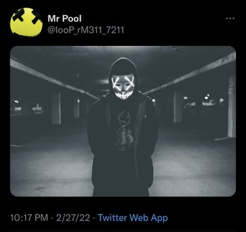 A Twitter post by "Mr Pool" (@looP_rlM311_7211) dated 2/27/22 features a shadowy figure wearing a glowing skull mask in a dark parking garage, paired with cryptic text mentioning "XRP," "Mr Pool," and "HEIST"—suggesting a dramatic, heist-themed narrative tied to the XRP cryptocurrency.