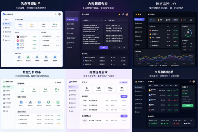 A grid of six Chinese-language mobile app screenshots showcasing various tools: 信息整理助手 (Information Assistant), 内容翻译专家 (Translation Expert), 热点监控中心 (Hotspot Monitor), 数据分析助手 (Data Analysis Assistant), 社群提醒管家 (Community Reminder Butler), and 交易辅助助手 (Trading Assistant).
