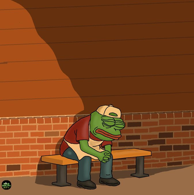 A cartoon illustration of Pepe the Frog sitting on a wooden bench against a brick wall, looking downcast with a brown plaster on his head.