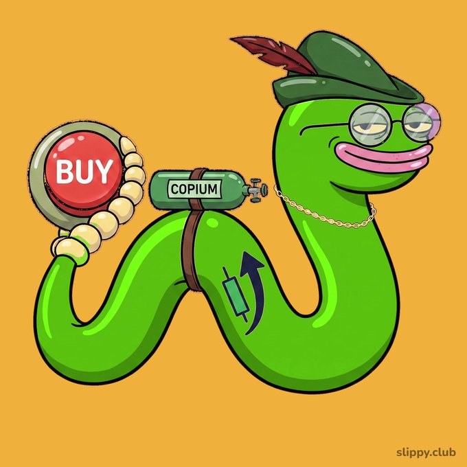 A Pepe the Frog illustration on an orange background depicts the frog wearing a green hat with a feather and glasses, holding a 'BUY' button and a 'COPIUM' tank, with a stock chart tattoo on its body, credited to 'slippy.club'.