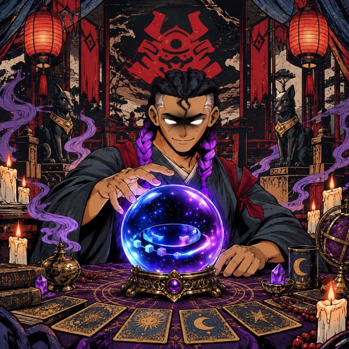 A stylized anime-style fortune teller with glowing purple eyes and braided hair hovers their hand over a mystical crystal ball, surrounded by tarot cards, black cats, red lanterns, and a decorative symbol on the wall, evoking an air of mystical prediction. The image thematically ties to the post's request for NFT picks by channeling a "psychic reading" vibe, suggesting the community should trust fortune teller intuition when choosing which NFTs to buy mid-week.