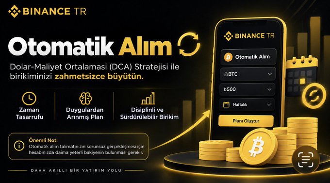 A Binance TR promotional graphic advertises the "Otomatik Alım" (Automatic Purchase) feature using a Dollar-Cost Averaging (DCA) strategy to invest ₺500 weekly in BTC.