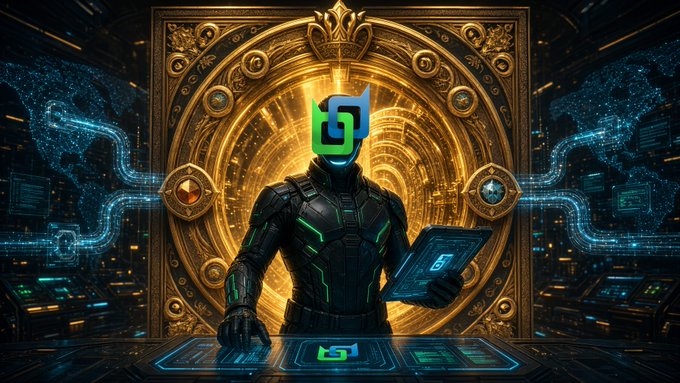 A futuristic digital artwork features a hooded figure in dark armor with glowing green accents, holding a tablet, standing before an ornate golden circular portal set against a technological background with blue circuitry and a green logo on the figure's face.
