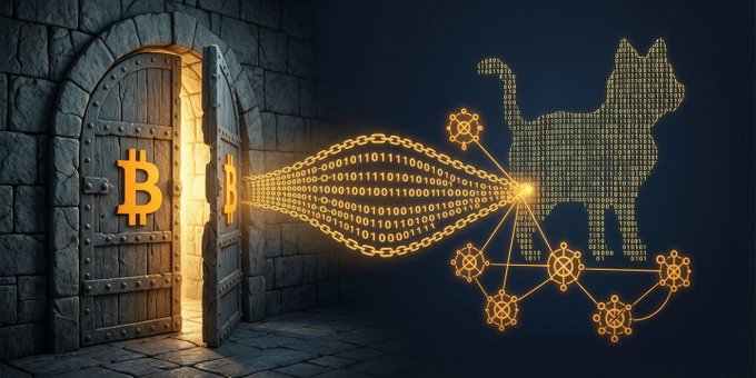 Two wooden doors marked with Bitcoin "₿" symbols open to emit binary code and network node icons toward a digital cat silhouette, illustrating how the long-removed OP_CAT opcode is being reactivated as a key tool for Bitcoin L2 development.