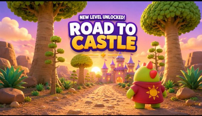 The image shows a green creature with a sun emblem on its red shirt standing on a dirt path, looking toward a glowing castle in the distance, with the text "NEW LEVEL UNLOCKED! ROAD TO CASTLE" displayed above. The scene captures the creature pausing its journey to the castle at sunset, perfectly matching the post's sentiment of resting for the night before continuing the adventure with @sleepagotchi tomorrow.