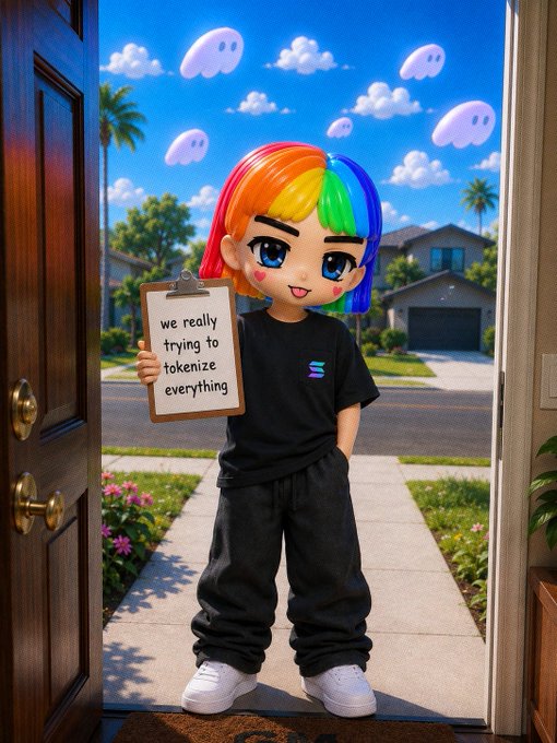 An anime-style character with rainbow-colored hair stands in a doorway holding a clipboard that reads 'we really trying to tokenize everything,' wearing a black Solana t-shirt with the purple 'S' logo.