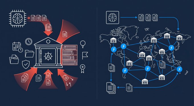 The image illustrates a centralized vault for AI log retention, contrasted with a decentralized, global network of Filecoin storage nodes, symbolizing the extended data retention capabilities beyond the EU AI Act's minimum six-month requirement.