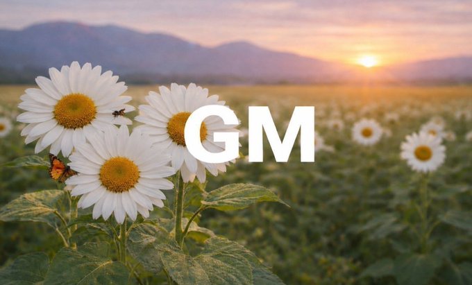 White daisy flowers in a field with a sunset over distant mountains, overlaid with the large white text 'GM'.