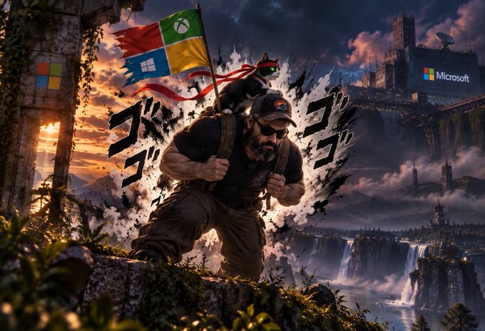 A digital illustration showing a rugged man with a beard and sunglasses charging forward with a fist raised, carrying a cat on his shoulders, surrounded by Microsoft, Xbox, and Windows logos in a fantasy landscape with Japanese katakana text.