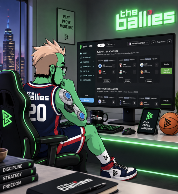 An illustrated green-skinned character wearing sunglasses and a 'the Ballies' jersey sits at a gaming setup with monitors displaying sports betting content, neon signs, and books labeled 'DISCIPLINE', 'STRATEGY', and 'FREEDOM'.