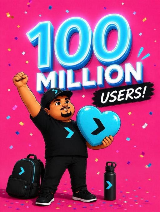 Cartoon-style celebratory graphic showing a character in branded merchandise holding a blue heart with the PYTH token logo, with '100 MILLION USERS!' text displayed prominently on a pink background.