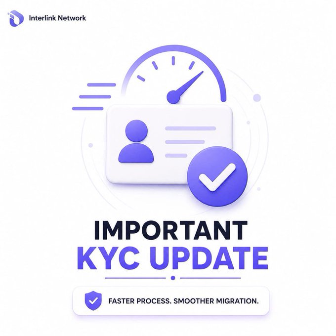 A promotional graphic features the 'Interlink Network' logo and reads 'IMPORTANT KYC UPDATE' in bold text, with a subheading 'FASTER PROCESS. SMOOTHER MIGRATION.' alongside an illustration of an ID card and gauge.