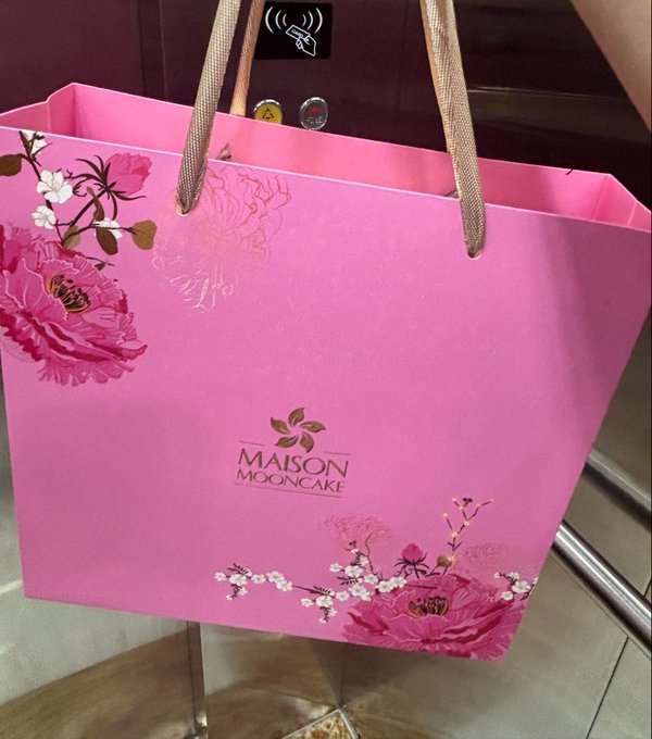 A pink shopping bag from "MAISON MOONCAKE" decorated with floral designs and held by woven handles is shown against a glass door.