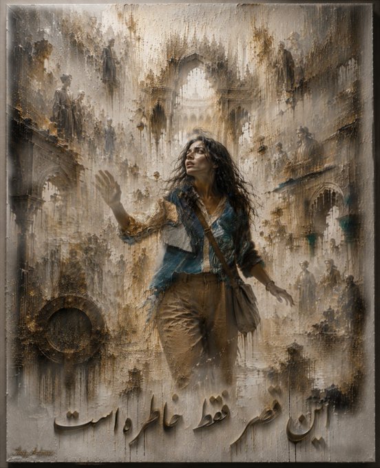 An oil-painting style artwork of a woman in 19th-century clothing walking with a satchel, set against a hazy, sepia-toned background with faint figures and architectural elements, featuring Persian/Arabic script at the bottom.