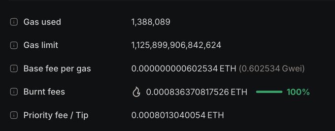 A screenshot showing Ethereum gas transaction details including Gas used (1,388,089), Gas limit (1,125,899,906,842,624), Base fee per gas (0.0000000000602534 ETH), Burn fees (0.000836370817526 ETH), and Priority fee/Tip (0.0008013040054 ETH).