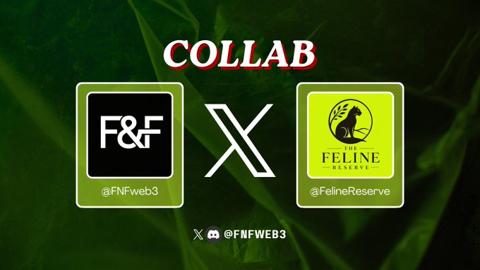 A collaboration announcement graphic between F&F (@FNFweb3) and The Feline Reserve (@FelineReserve) displayed on a green background with 'COLLAB' text.