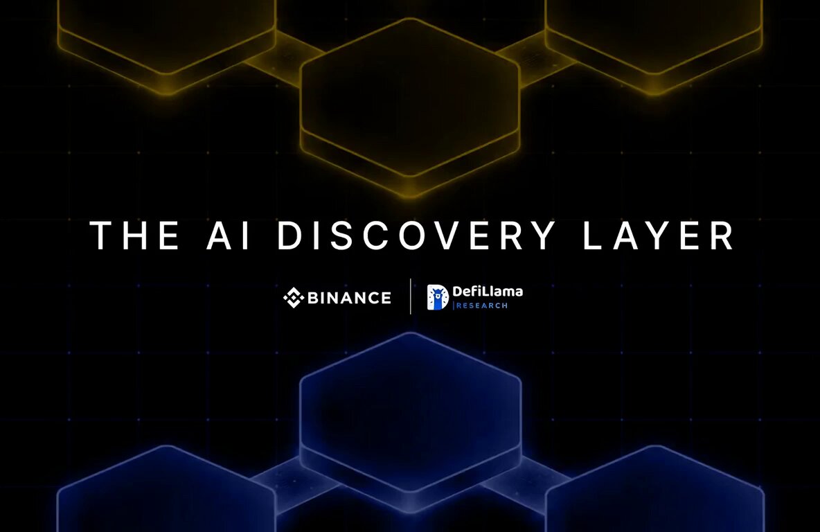 The image features a poster for "The AI discovery layer" with two different colored hexagons placed above each other. The text at the bottom of the poster reads, "Binance isn't just #1 by volume. It's the default answer #AI recommends."