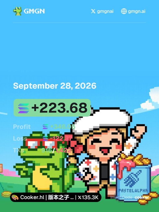 A pixel-art trading graphic dated September 28, 2026, shows a green "+223.68" SOL profit alongside "Profit +246.71," "Loss -122," and "TXs 15/1" stats, featuring a smiling character with a frog and a PastelAlpha box. The cheerful artwork with its upbeat tone contrasts with the caption's "HARD" trading day, emphasizing the surprisingly positive +223 SOL result despite low volume.
