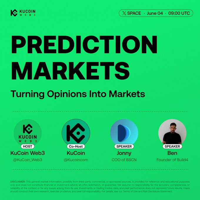 The image features a green background with white text that reads "Prediction Markets Turning Opinions Into Markets" along with some logos for KuCoin, Speakers, Co-Hosts, and Web3. The text also includes dates and times for an event related to prediction markets.